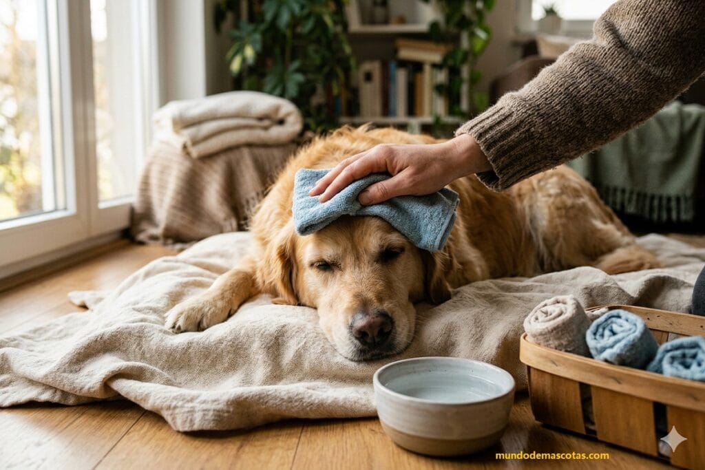 cómo bajar la fiebre a un perro golden retriever adulto con paños de agua fria y esta echado en su cama y la dueña lo cuida