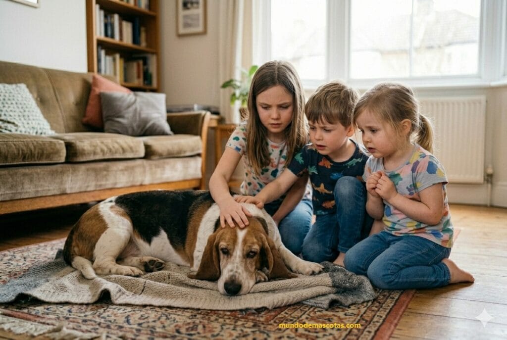 mi perro lleva dos días con diarrea y es un beagle junto a 3 niños que lo cuidan ademas esta echado en la sala