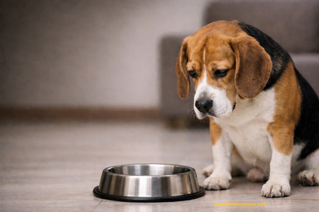 mi perro no come ni toma agua y vomita amarillo y es un beagle que no tiene ganas de comer y solo mira su plato