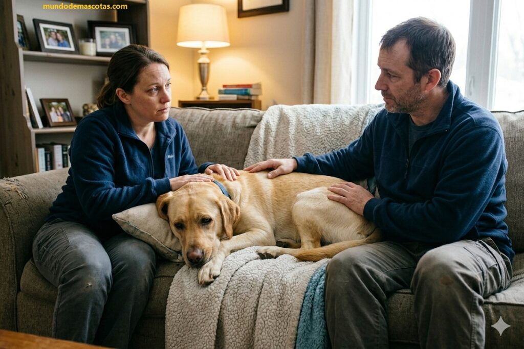 Mi perro orina sangre y es una labrador acostado en el sillón junto a sus dueños preocupados por su malestar.