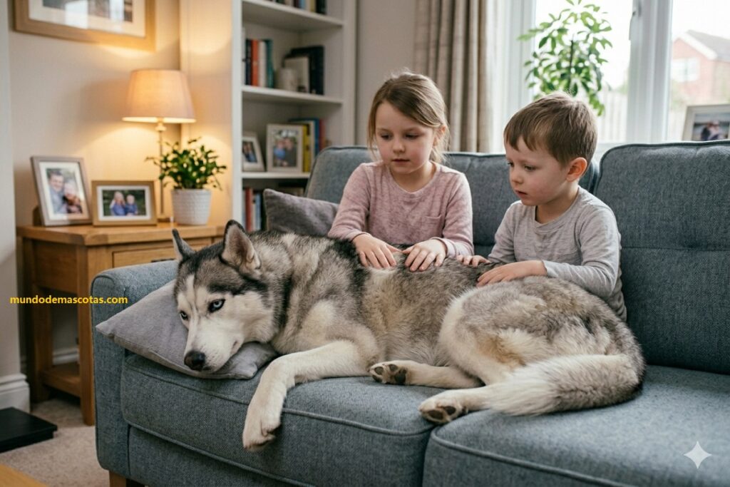 Por qué mi mascota hace pis con sangre roja clara se preguntan esos 2 niños en el sillón cuidando a su Husky siberiano.