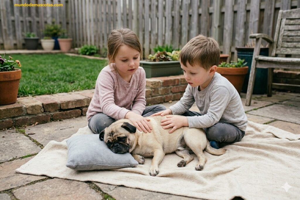 niños acompañando en el patio a un pug y se preguntan Por qué un perro macho sangra por su parte íntima.