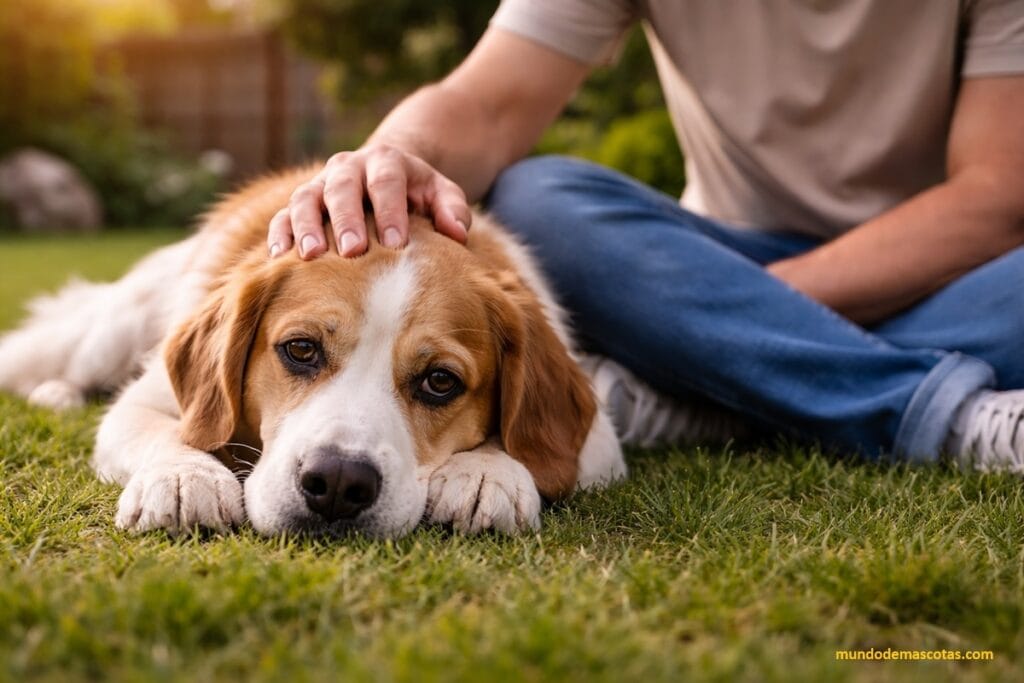 a los perros les puede dar diabetes y por eso este dueño cuida a su cachorro blanco con marrón en el patio de su casa