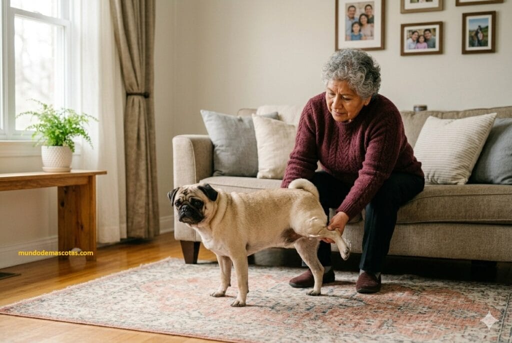 A mi perro le tiembla la pata trasera y mi mamá abraza a mi pug con ternura sentada en el sofá