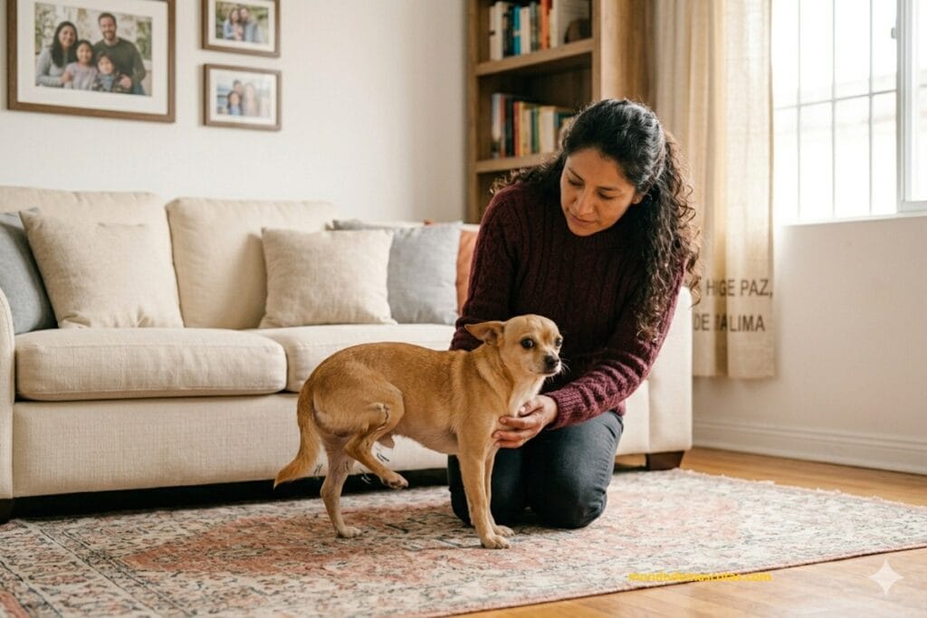 A mi perro le tiembla la pata trasera por dolor o vejez por eso la dueña apoya al cachorro chihuahua en el piso