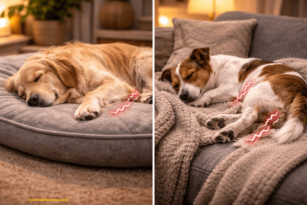 2 perros adultos durmiendo en el sofá temblando