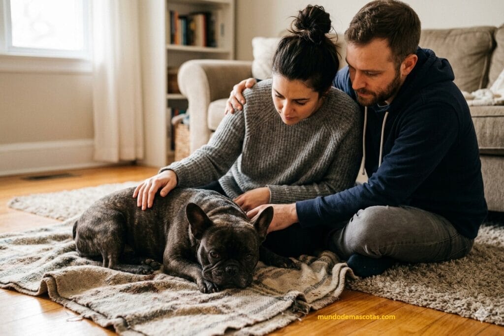 bulldog francés con diarrea descansando en una manta en casa con sus dueños