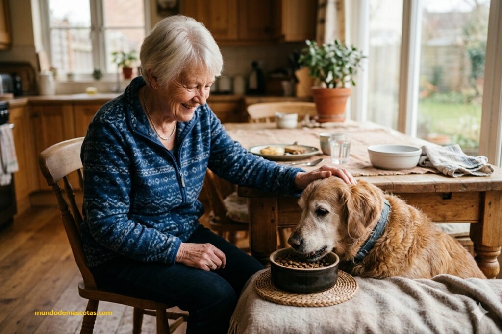 Mujer mayor acaricia a su golden retriever mientras le sirve su comida para perros viejitos sin dientes.
