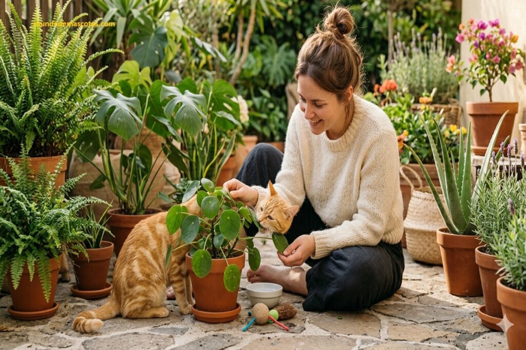 como hacer para que mi gato no muerda las plantas ya que es un gato amarillo junto a su dueña sentada en el jardín.
