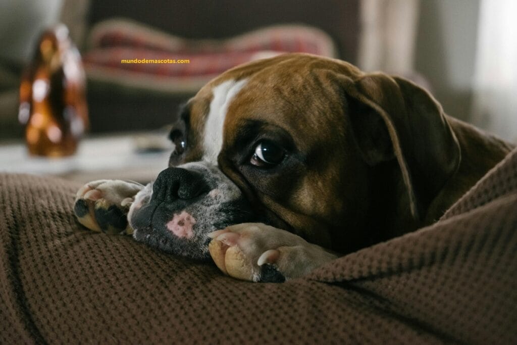 perro boxer triste y acostado porque no quiere comer