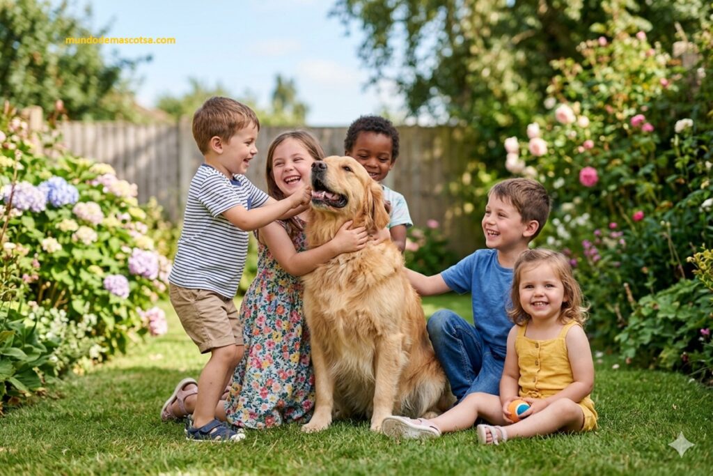 niños cuidando en el jardin a un golden retriever ya que tiene Complicaciones de la diabetes en perros no tratada