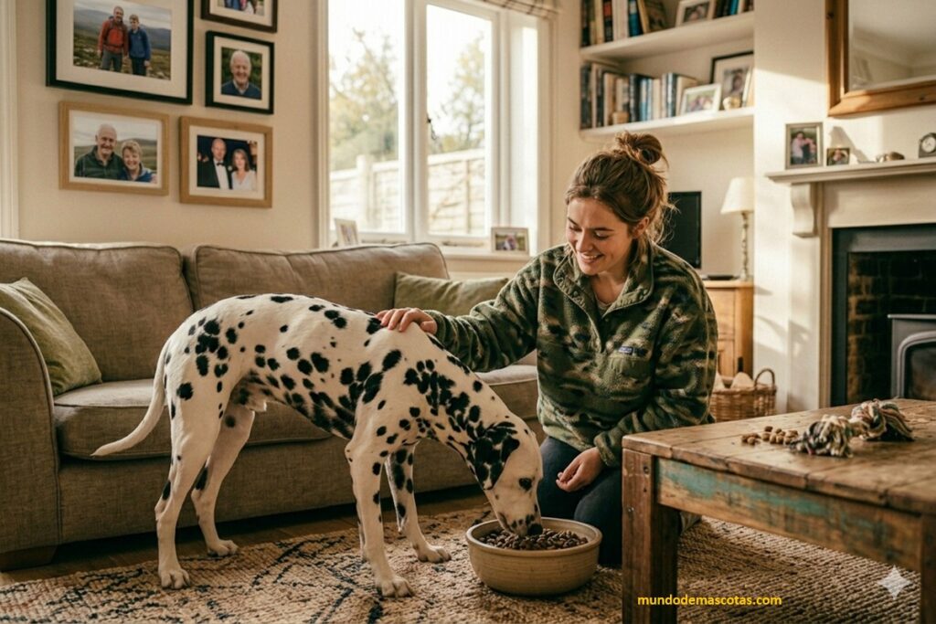 Una joven acaricia a su dálmata mientras come sus croquetas remojadas para perros ancianos