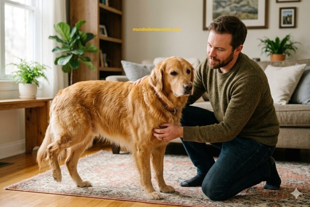 Dueño cuida a su golden retriever ya que existen remedios para el temblor en las patas traseras de los perros