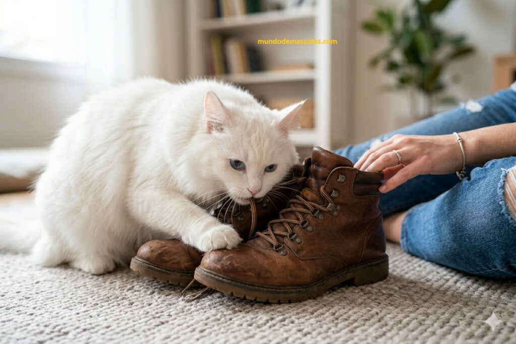 Hermoso Gato que muerde el interior de los zapatos y botas marrones de su dueña en el cuarto con su dueña riendo.