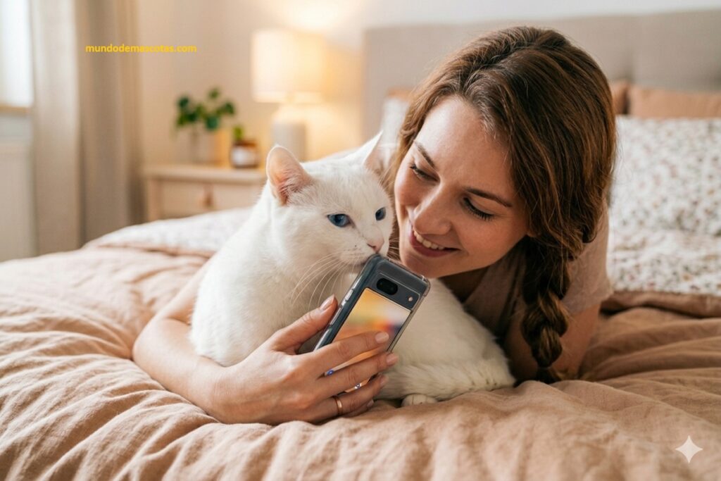 Hermoso Gato que muerde las esquinas del móvil junto a su dueña en la cama donde su ternura hace reír a su dueña.