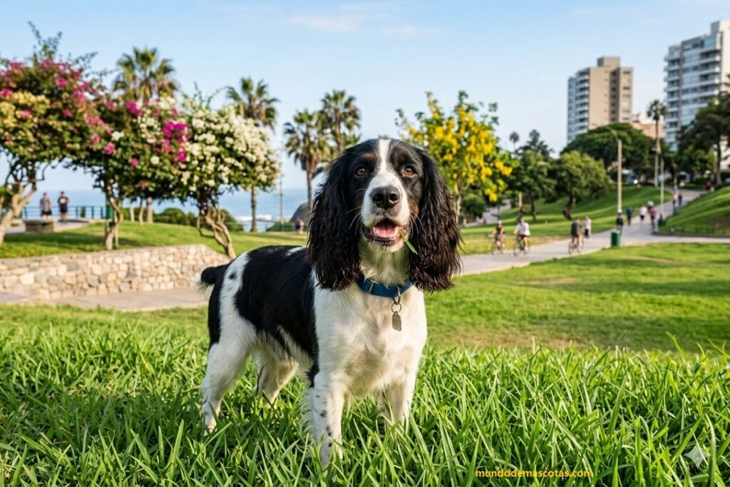 Dueño analizando si les hace daño el pasto a los perros en el jardín y es un perro con orejas negras y largas