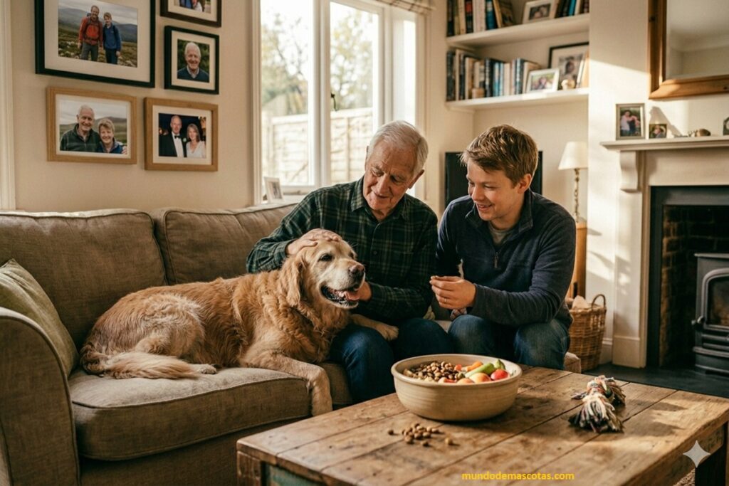 Dueños descansan en el sofá con su golden tras darle su mejor lata para perros viejitos