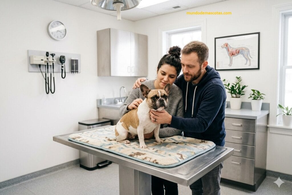 Mi bulldog francés hace caca con sangre y es llevado al veterinario para revisión.