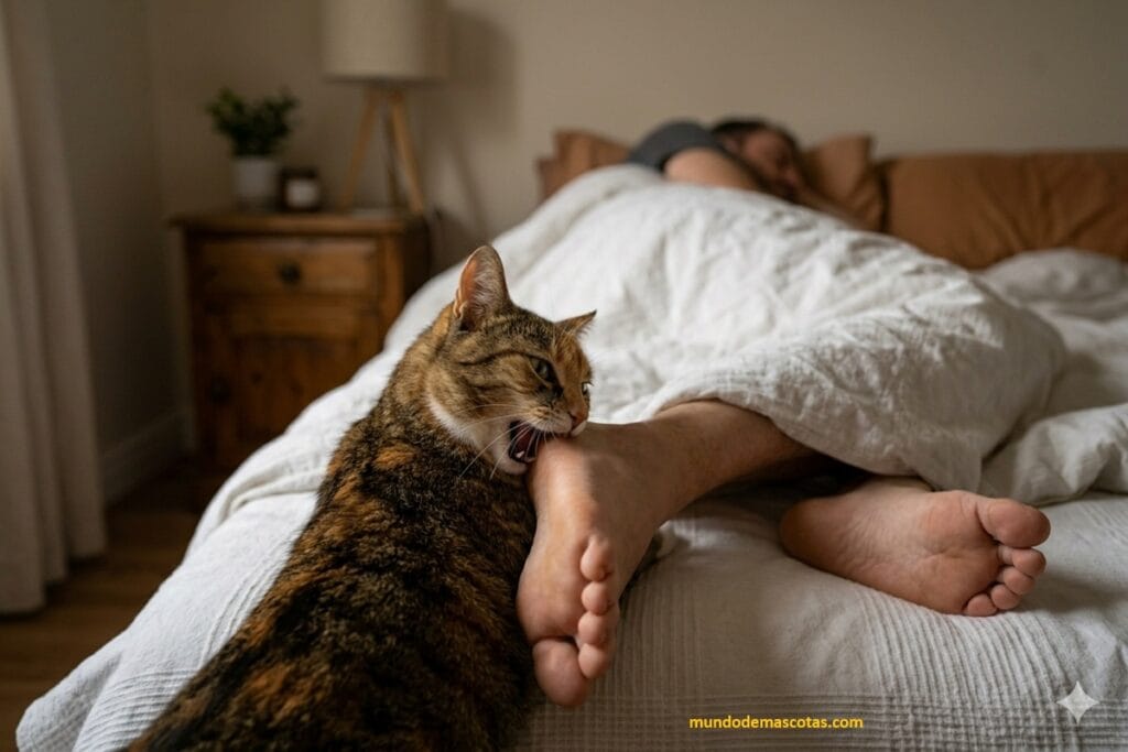 Gato negro con amarillo muerde el pie de su dueño por qué mi gato me ataca cuando duermo