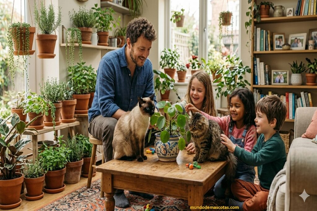 mi gato muerde las plantas junto a los niños a su dueño, es un siamés precioso junto a otro gato de rayas.