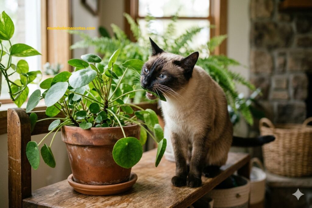 Mi gato muerde las plantas de plástico y me preocupa porque es un siamés hermoso mirando con angustia las flores.