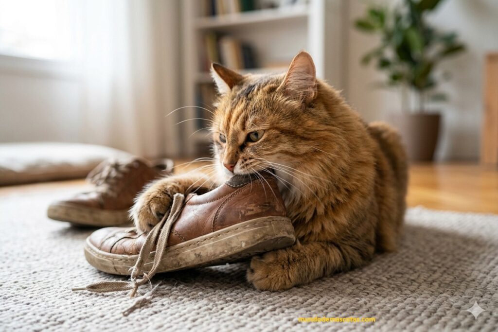 Por qué mi gato muerde mis zapatos juntos a otros gatos negro y blanco en la habitación de mi hijo y los rompen.