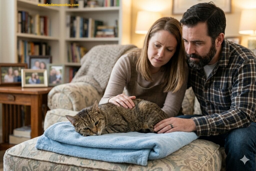 Dueños cuidando a gato en manta porque mi gato orina sangre y no quiere comer hoy.