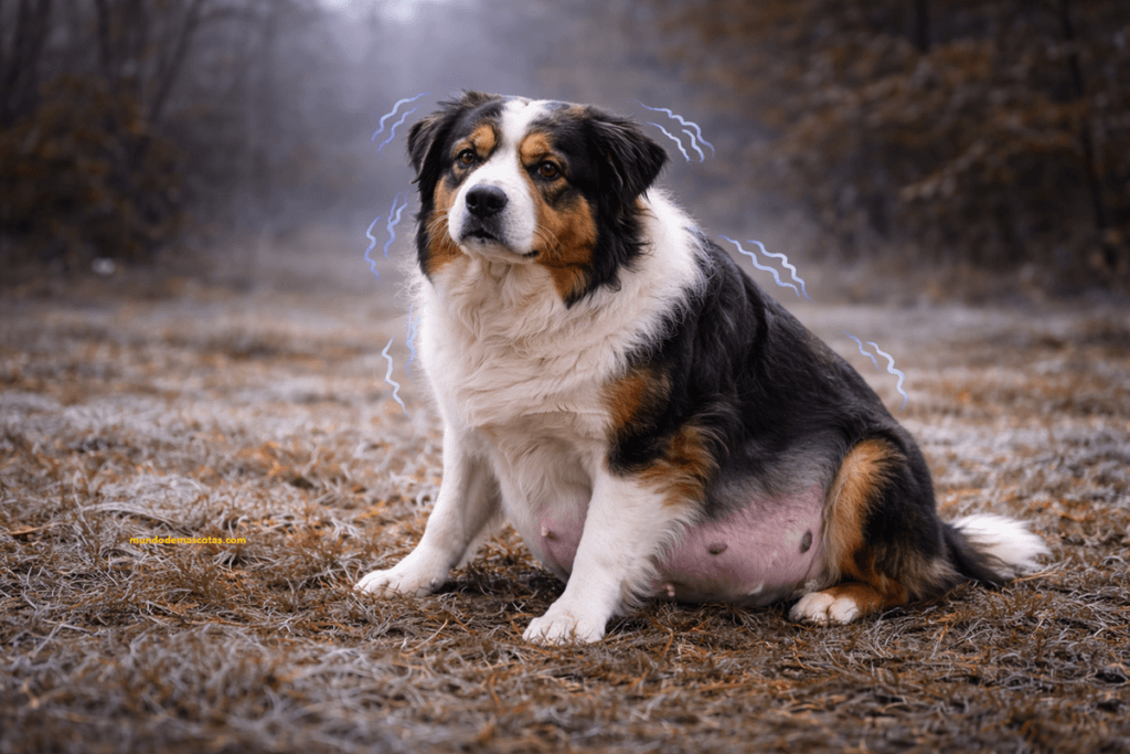 perra adulta esta sentada temblando con su barriga grande de embarazada