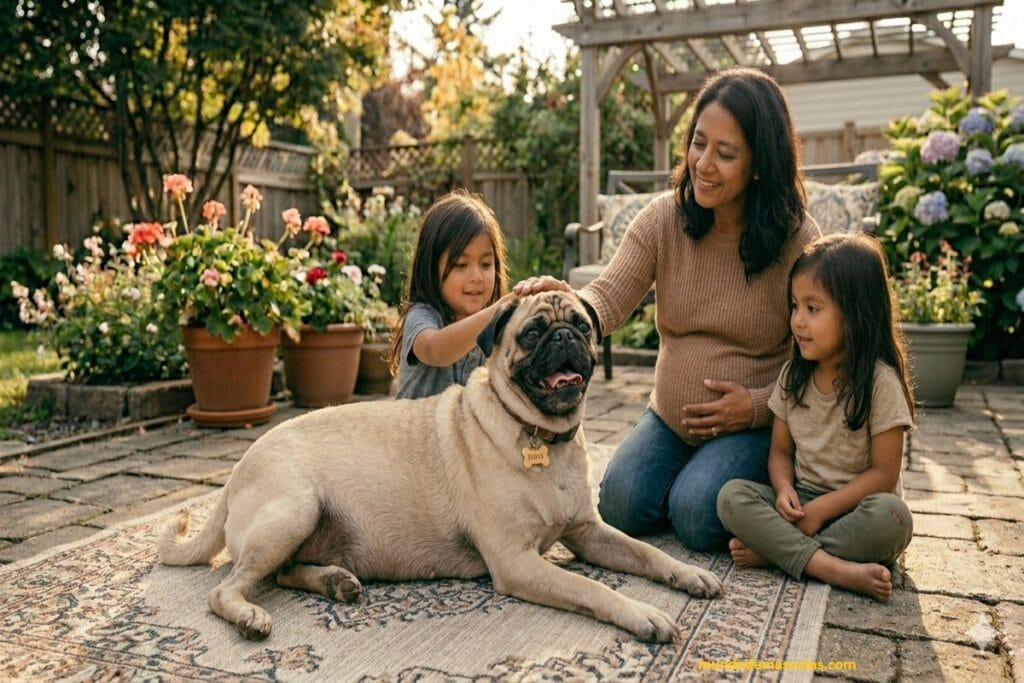 mi perra está embarazada y tiembla y es un pug echada con dos niñas y su dueña cuidándola antes de parir