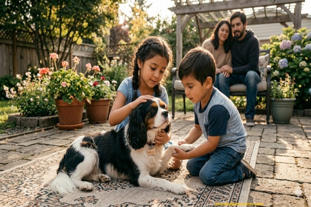 mi perrita preñada respira rápido en el patio con dos niños cuidándola porque ella tiembla mucho y esta asustada