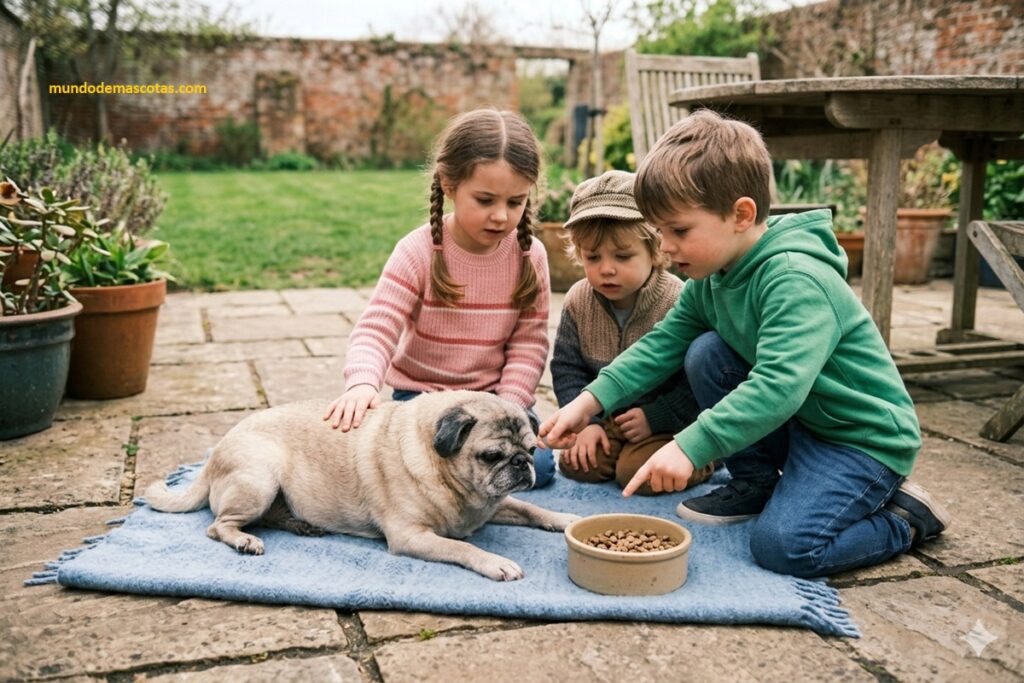 mi perro anciano tiene la boca fea y es un pug echado en el piso de patio sin ganas de comer junto a niños.
