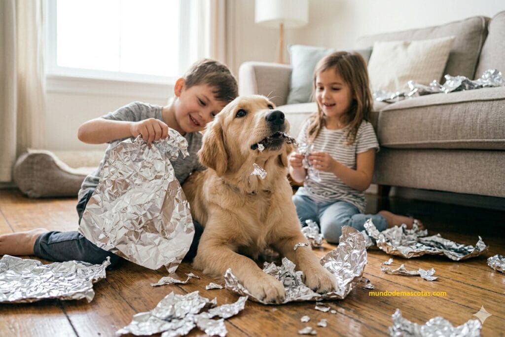 mi perro comió papel aluminio y está decaído y es un Golden Retriever con niños en la sala que juegan con el