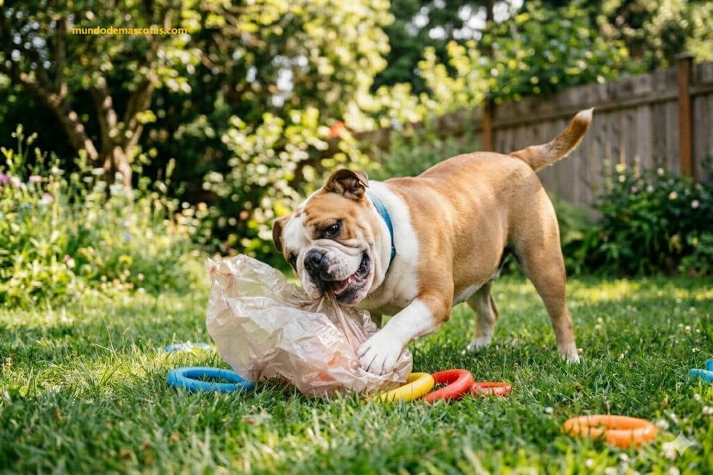 Bulldog hermoso blanco y marrón rompiendo bolsa en patio: Mi perro comió plástico.