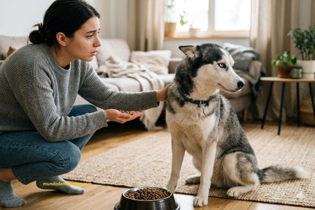 por qué Mi perro está sano pero no quiere comer sus croquetas en su plato ademas la dueña esta preocupada