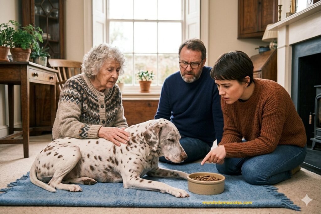 Mi perro está viejito y no quiere comer y es un dálmata cuidado por 3 personas adultas en la sala.