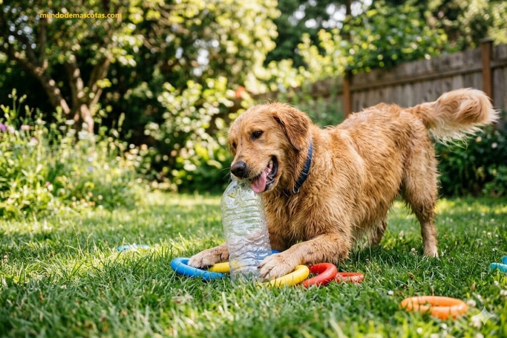 Golden retriever mojado y rompiendo una botella tambien mi mi perro se comió un juguete de goma.