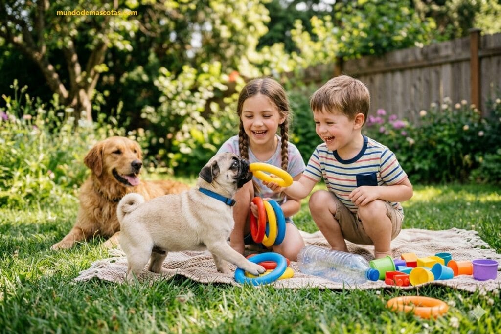 Niños jugando con un Pug y sus juguetes: Mi perro se comió un juguete de plástico.