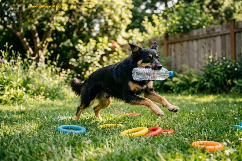 Perro negro con botella de agua : Mi perro se comió un pedazo de plástico suave