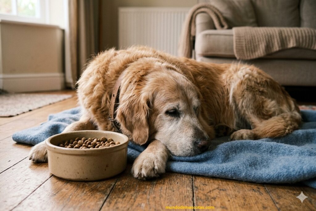 Mi perro viejito golden retriever tiembla y no come junto a su dueña que le ofrece comida en casa