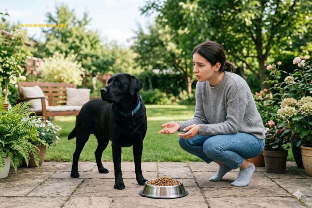 mi perro ya no quiere comer croquetas y es un labrador con su dueña en el jardín con su alimento en su plato