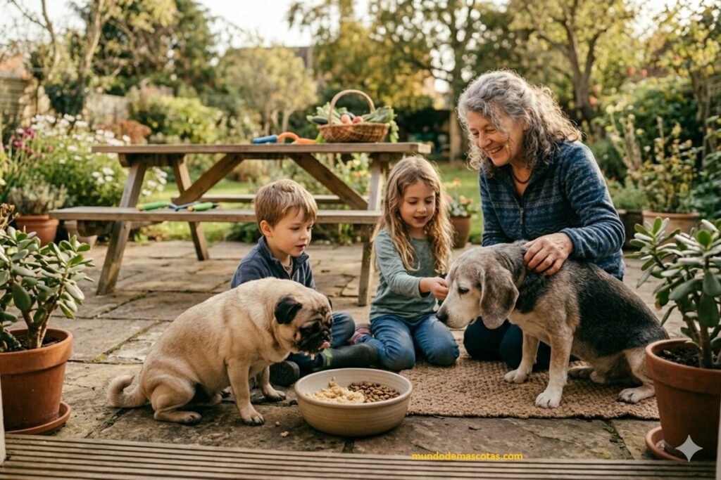 Niños cuidan a su perro pug en el patio mientras disfruta su papilla para perros ancianos