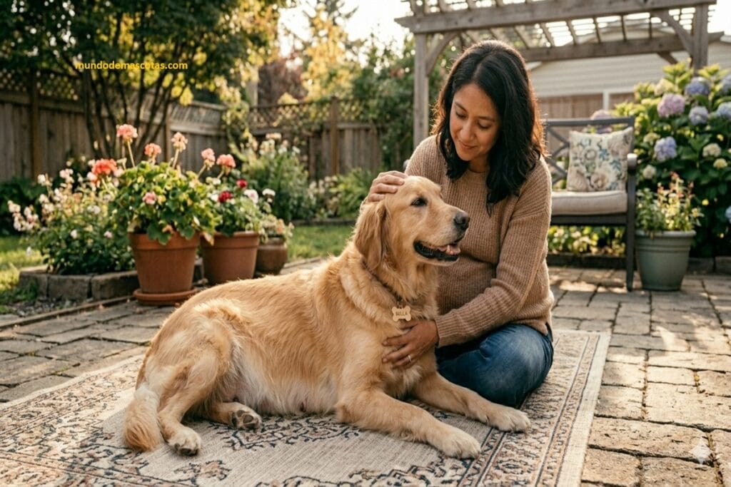 perra embarazada no se puede parar y es una golden retriever cuidada por su dueña en el patio bajo el sol y junto a flores