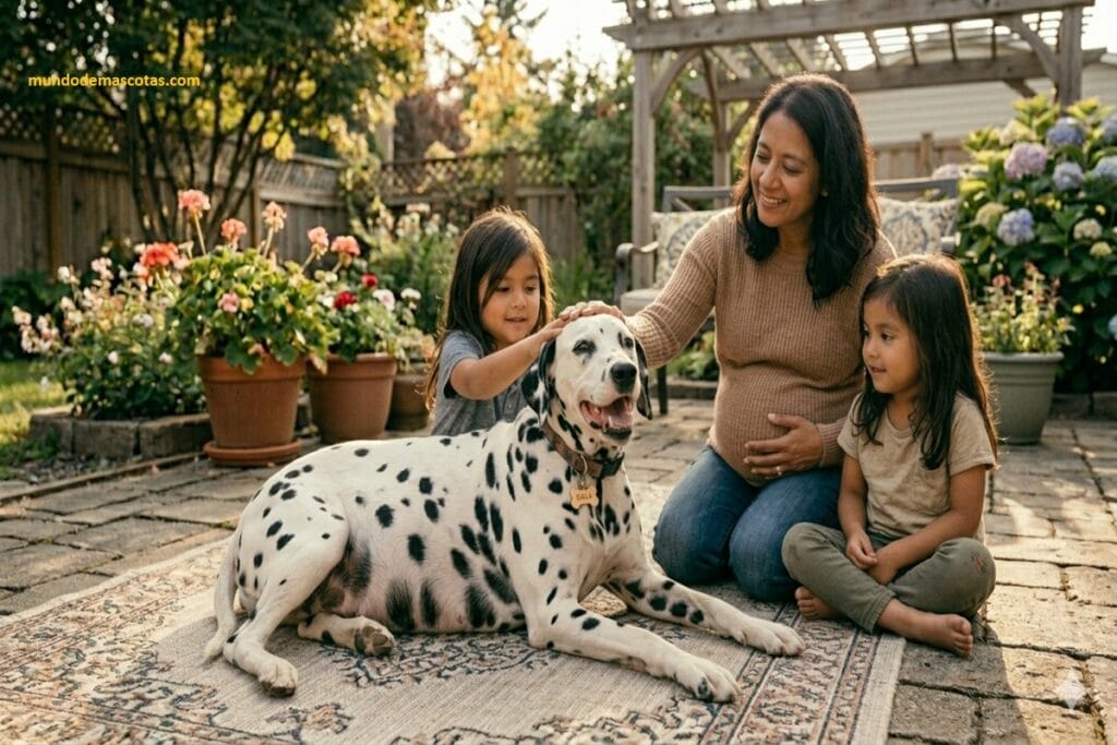 perra embarazada tiembla y llora ademas es un dálmata echada y respira acelerado con niñas y dueña