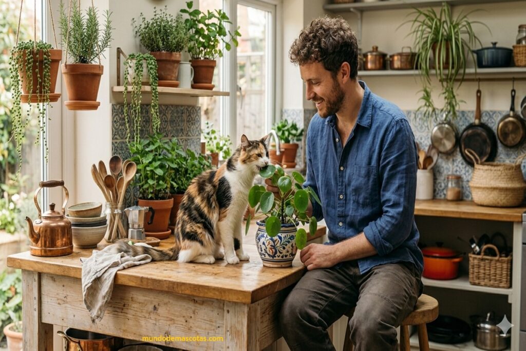 Plantas no tóxicas para gatos curiosos de diferentes colores ya que para con su dueño en la mesa sentados en la mesa.