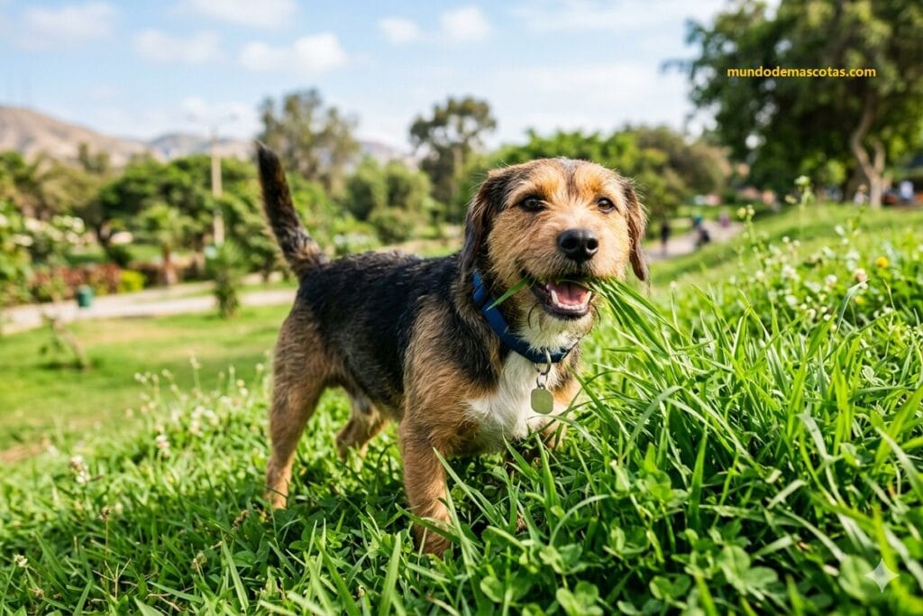 Un cachorro hermoso en el parque viendo por qué los perros comen pasto hoy mismo