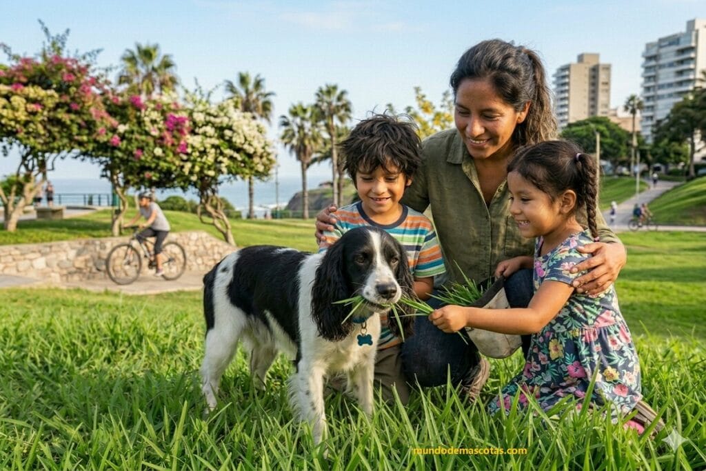 por qué los perros comen pasto verde en el parque se preguntan los niños y la dueña del can blanco y negro hermoso