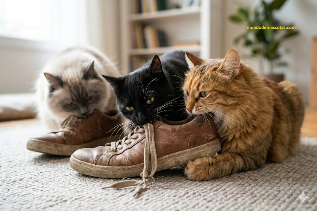 Por qué mi gato me roba un zapato para morderlo junto a otros gato negro y blanco en la habitación a escondidas.