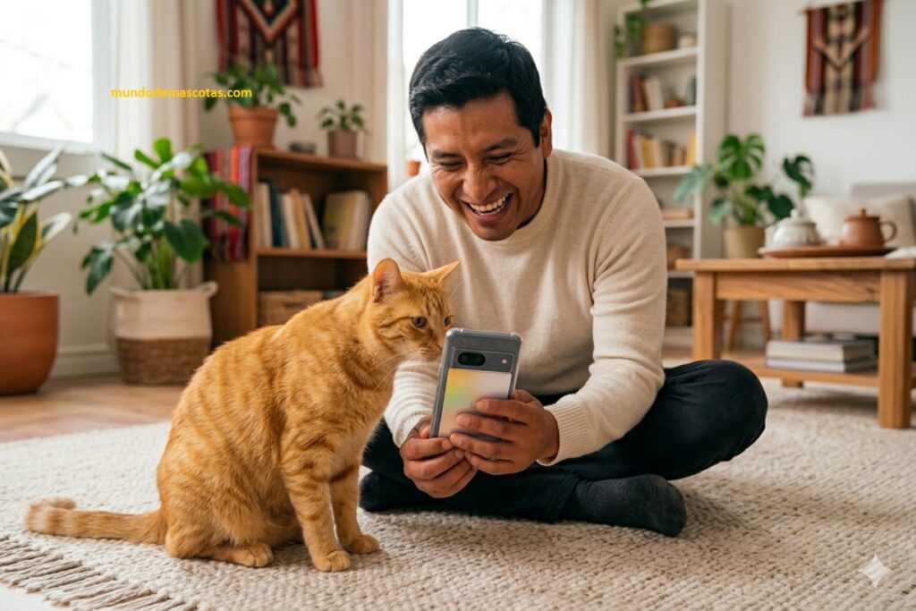 Por qué mi gato me salta al celular de la nada en la sala cuando el dueño sonriendo juega con el gato amarillo.