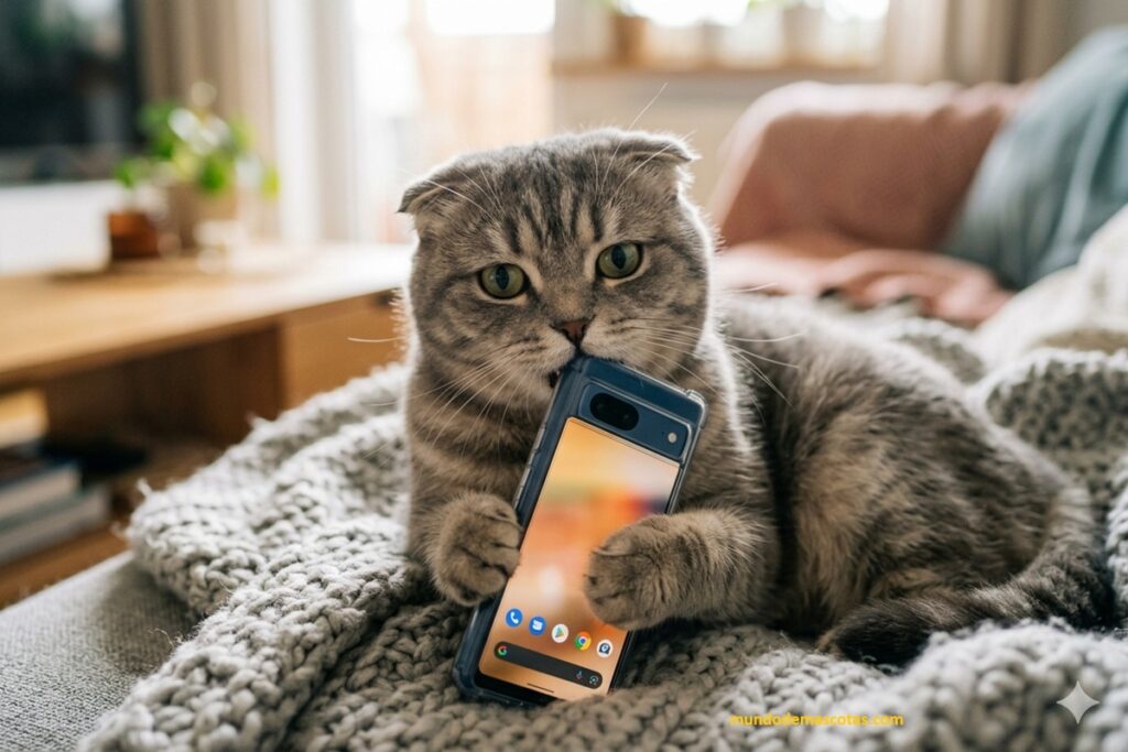 Por qué mi gato muerde el móvil mientras carga y juega con el en el sillón mientras me mira detenidamente.