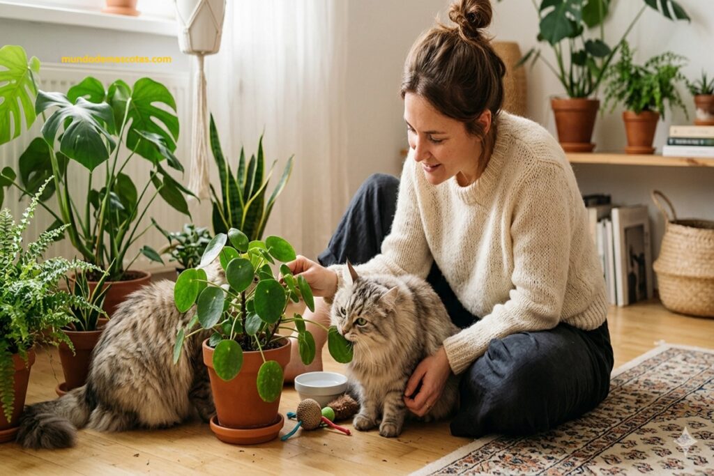 Por qué mi gato muerde las hojas de las plantas de noche y la dueña se preocupa por la salud del minino sentada junto a el.